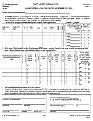 2013–14 Household Application for Free and Reduced Price Meals