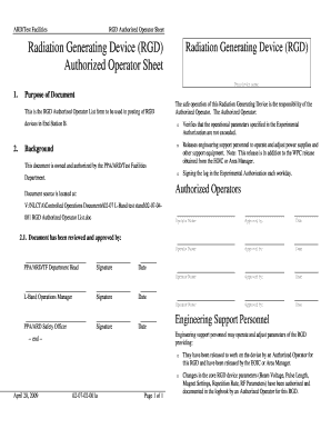 ARDTest Facilities RGD Authorized Operator Sheet - www-group slac stanford