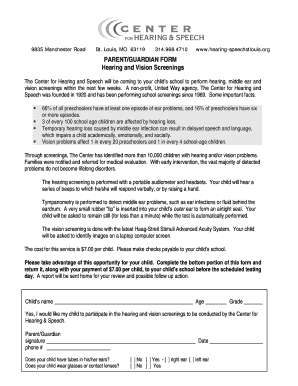 Parent Guardian Form for Hearing and Vision Screenings