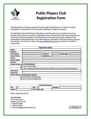 Golf Saskatchewan Public Players Club Registration Form