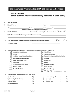 Social Services Professional Liability Insurance Application