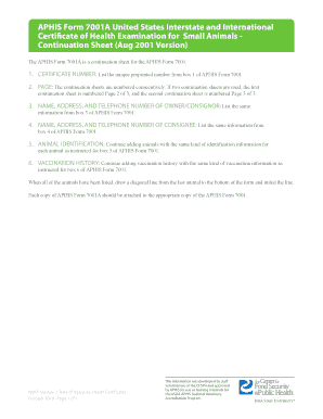 APHIS Form 7001A Health Certificate Continuation