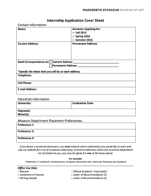 Internship Application Cover Sheet