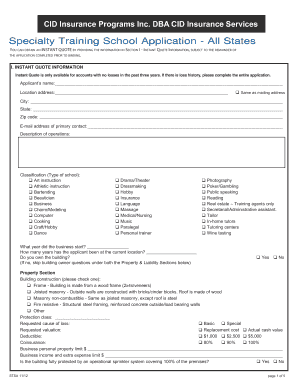 Specialty Training School Insurance Application