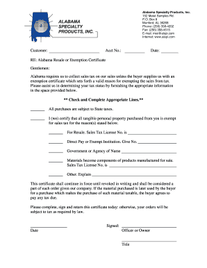 Alabama Resale or Exemption Certificate