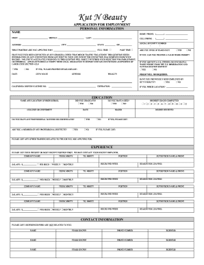 Kut N Beauty Employment Application