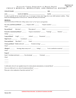 Child Medical, Medication, and Prenatal History Form