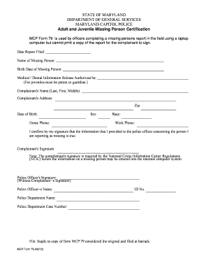 Maryland Adult and Juvenile Missing Person Certification