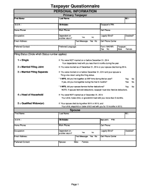 US Federal Taxpayer Questionnaire Form 1040 NR