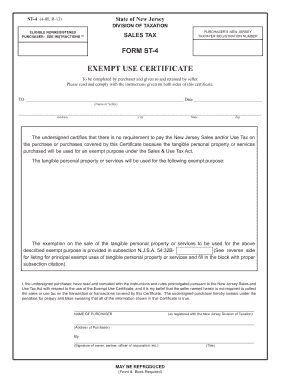 New Jersey Exempt Use Certificate