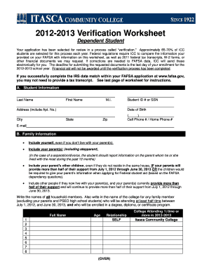 2012-2013 Verification Worksheet