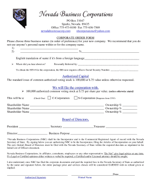 Nevada Business Corporation Order Form