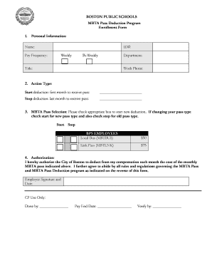 Boston Public Schools MBTA Pass Deduction Enrollment Form