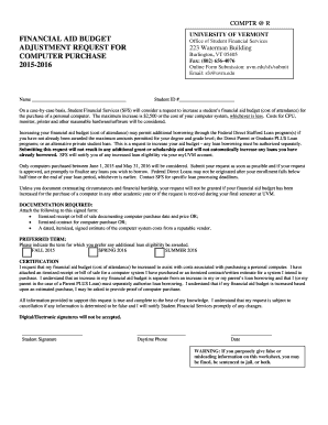 University of Vermont Computer Purchase Financial Aid Budget Adjustment Request