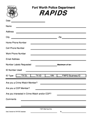 Fort Worth Police Department RAPIDS Form
