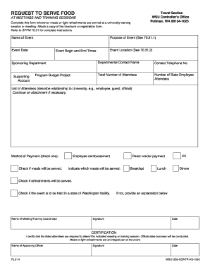 Request to Serve Food at Meetings and Training Sessions