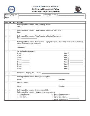 School Bullying and Harassment Policy Compliance Checklist