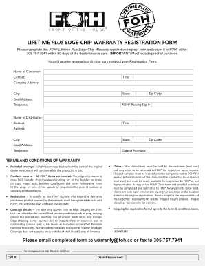 FOH Lifetime Plus Edge-Chip Warranty Registration Form