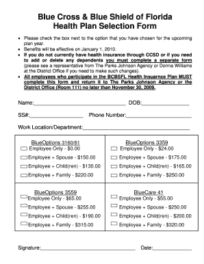 Blue Cross & Blue Shield of Florida Health Plan Selection Form