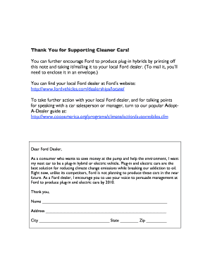 Letter to Ford Dealer for Plug-In Hybrid Cars