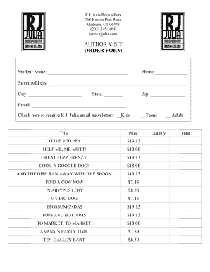R.J. Julia Booksellers Author Visit Order Form