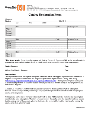 Oregon State University Catalog Declaration Form