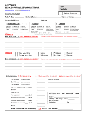 Medal Mounting and Ribbon Order Form