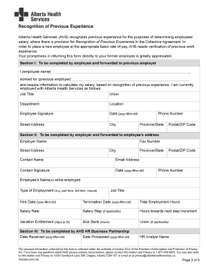 Alberta Health Services Recognition of Previous Experience Form