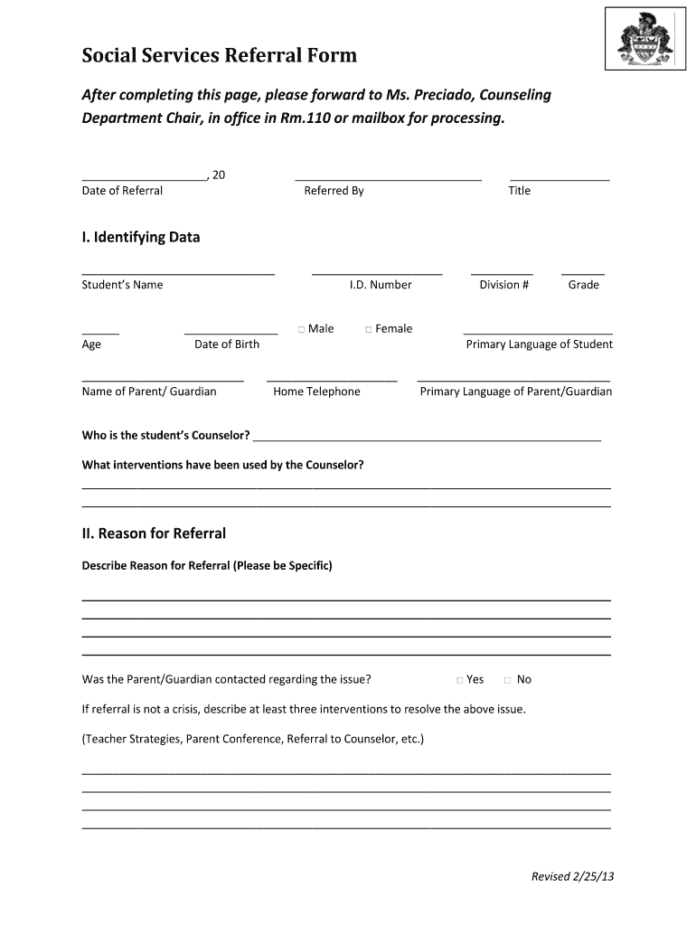 Fillable Online Social Services Referral Form Kelly High School Fax