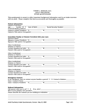 Adult Psychiatry Intake Questionnaire