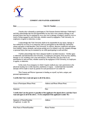 Yale Summer Session Field Trip Consent and Waiver Agreement