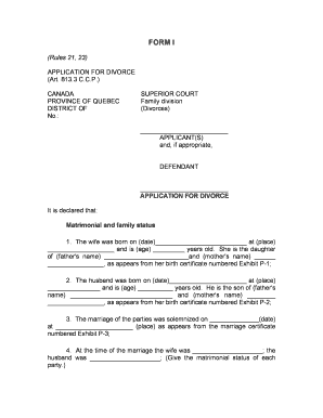 Quebec Divorce Application Form