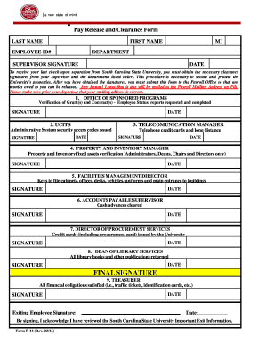 South Carolina State University Pay Release and Clearance Form