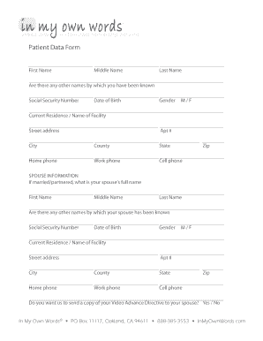 In My Own Words Video Advance Directive Patient Data Form
