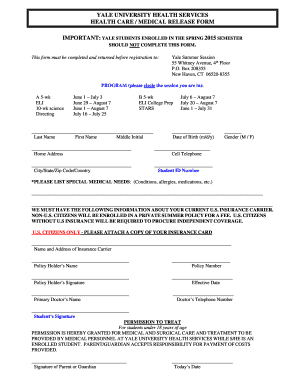 Yale University Health Services Medical Release Form