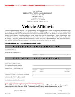 Vehicle Affidavit for Residential Permit Parking