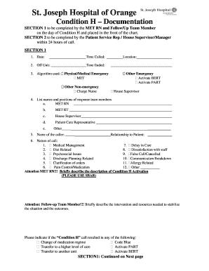 St. Joseph Hospital Condition H Documentation Form