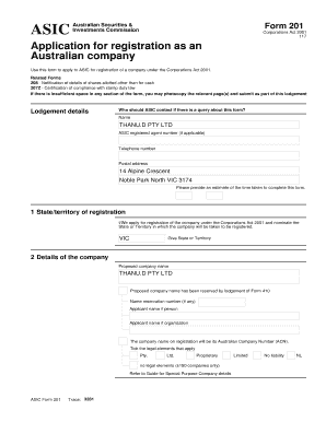 Australian Company Registration Form 201