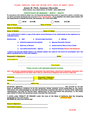 California Birth and Death Certificate Request Form