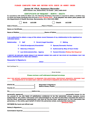 Certificate of Request for Birth and Death