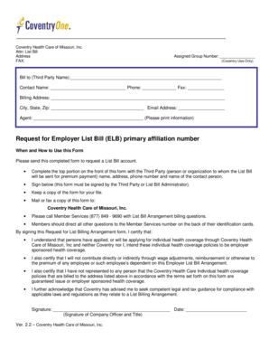 Coventry Health Care List Billing Arrangement Request