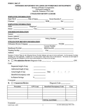 Tennessee Utilization Review Closure Form