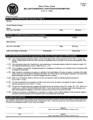 New Jersey Seller's Residency Certification/Exemption
