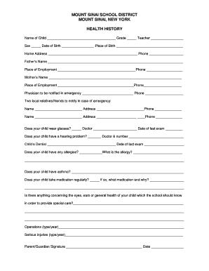Mount Sinai School Health History Form