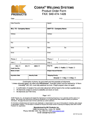 COBRA Welding Systems Product Order Form