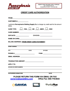 Pennsylvania Welding Supply Credit Card Authorization