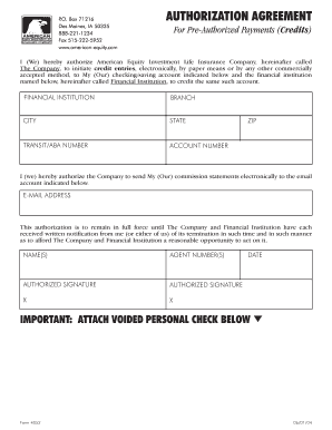 Authorization Agreement for Pre-Authorized Payments