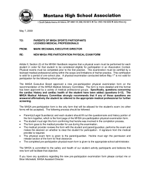 Montana High School Sports Pre-Participation Physical Exam Form
