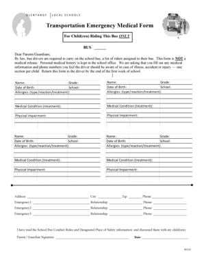 School Bus Transportation Emergency Medical Form