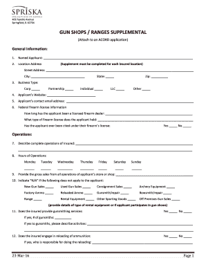 Gun Shop Insurance Application Supplement